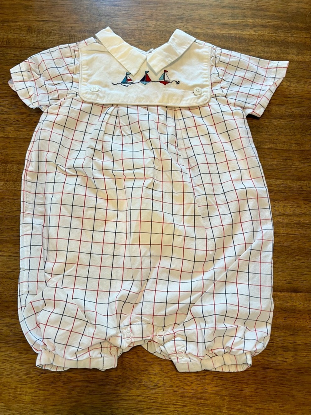 Janie & Jack Cotton Sailboat Romper in White with Red & Navy Grid